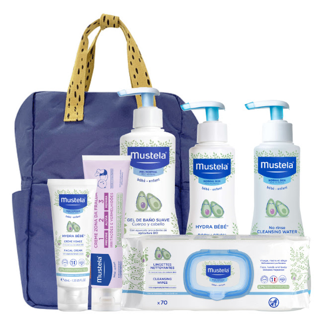 MustelaBabyBlueMaternityBag Product container of Mustela Baby Blue Maternity Bag by Mustela, a baby care kit indicated for newborn hygiene and skin hydration.