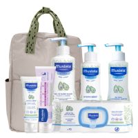 Box  of  Mustela  Baby  Taupe  Maternity  Bag  by  Mustela,  a  baby  care  kit  indicated  for  newborn  hygiene  and  skin  protection.