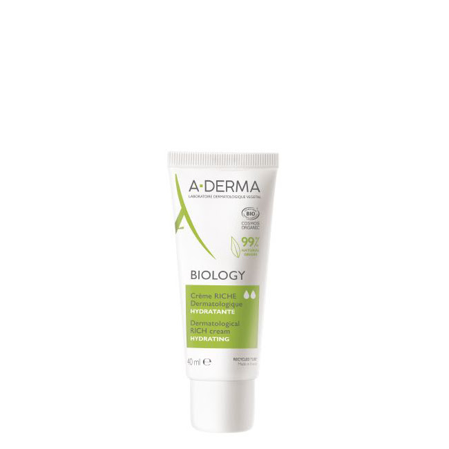 A-DermaBiologyDermatologicalRichCream40ml Tube of A-Derma Biology Dermatological Rich Cream, a rich cream indicated for moisturizing dry and sensitive skin.