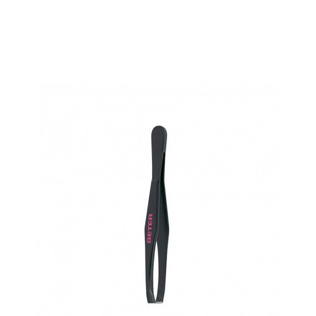 BeterStraightTipTweezersBlack Product container of Beter Straight Tip Tweezers Black, a steel tool indicated for removing hair from face and body.