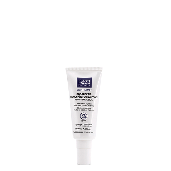 Martiderm Rosa Repair FPS30 Emulsão Fluida 40ml Tube of Martiderm Rosa Repair FPS30 Fluid Emulsion, a fluid emulsion indicated for restoring and soothing sensitive skin.