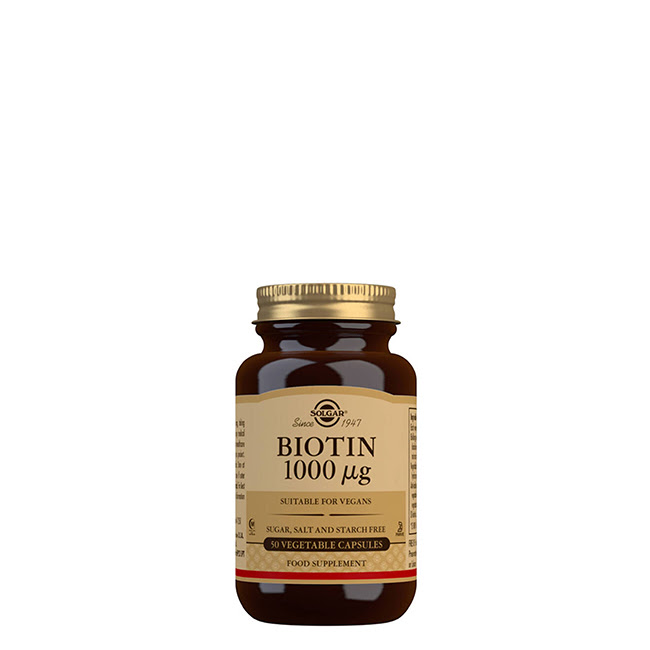 SolgarBiotin1000mcgVegetableCapsulesx50 Box of Solgar Biotin 1000mcg Vegetable Capsules, a supplement indicated for hair, skin and nail health.