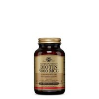 Bottle  of  Solgar  Biotin  5000mcg  by  Solgar,  a  vegetable  capsule  indicated  for  hair,  skin  and  nail  health.