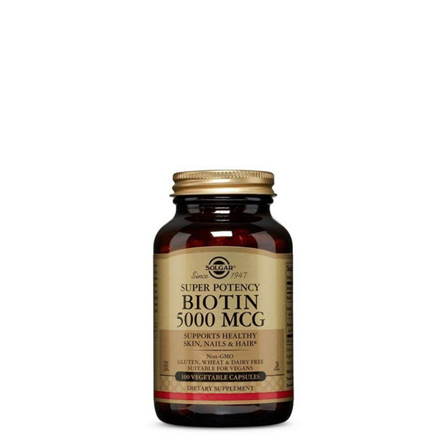 SolgarBiotin5000mcgVegetableCapsulesx100 Bottle of Solgar Biotin 5000mcg by Solgar, a vegetable capsule indicated for hair, skin and nail health.