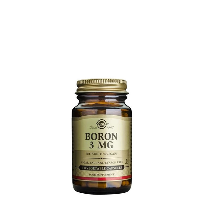SolgarBoron3mgVegetableCapsulesx100 Bottle of Solgar Boron 3mg by Solgar, a vegetable capsule indicated for maintaining bone health.