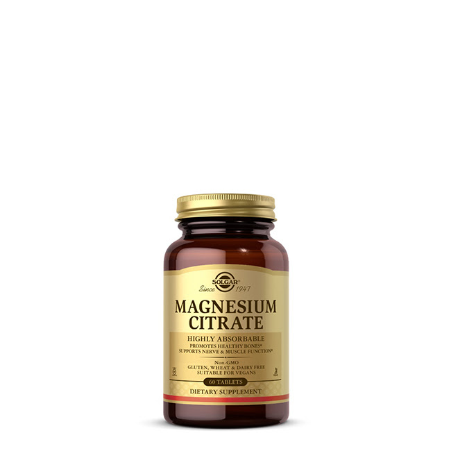 SolgarMagnesiumCitrateTabletsx60 Bottle of Solgar Magnesium Citrate Tablets by Solgar, a dietary supplement indicated for muscle and nervous system function.