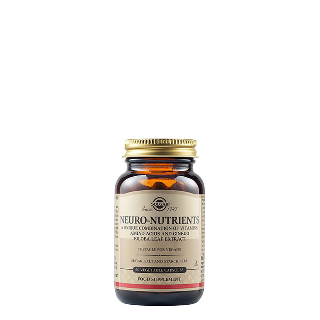 SolgarNeuroNutrientesVegetableCapsulesx60 Bottle of Solgar Neuro Nutrientes Vegetable Capsules by Solgar, a dietary supplement indicated for brain health support.