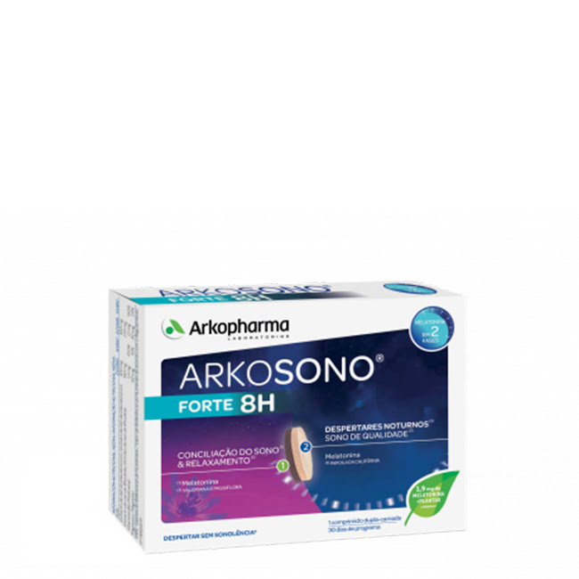 ArkosonoForte8HTabletsx30 Box of Arkosono Forte 8H Tablets by Arkosono, a supplement indicated for insomnia and peaceful night sleep.