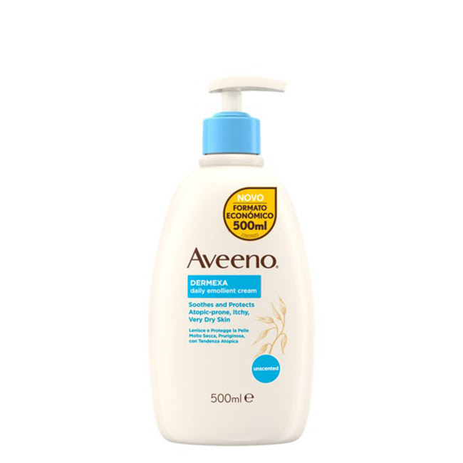 AveenoDermexaDailyEmollientCream500ml Bottle of Aveeno Dermexa Daily Emollient Cream, a moisturizing cream indicated for very dry and atopic-prone skin.