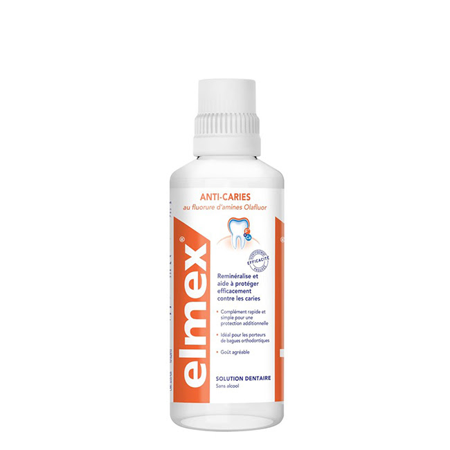 ElmexCariesProtectionMouthwash400ml Bottle of Elmex Caries Protection Mouthwash, a liquid rinse indicated for fortifying teeth and preventing cavities.