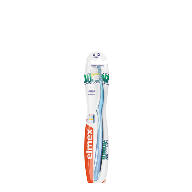 ElmexJuniorToothbrushx1 Product container of Elmex Junior Toothbrush by Elmex, a soft toothbrush indicated for children aged 6 to 12 years old.