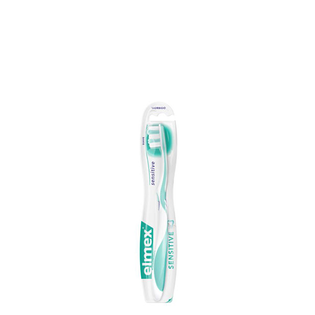 ElmexSensitiveToothbrushx1 Product container of Elmex Sensitive Toothbrush by Elmex, a toothbrush indicated for sensitive teeth and gums.