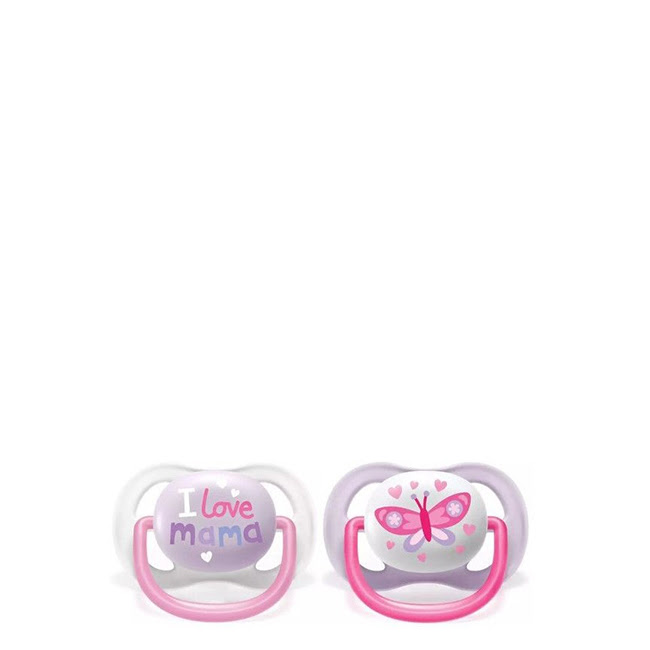 PhilipsAventPacifiersUltraAirHappyGirl0-6Mx2 Box of Philips Avent Pacifiers Ultra Air Happy Girl by Philips Avent, a breathable pacifier indicated for infants 0-6 months.