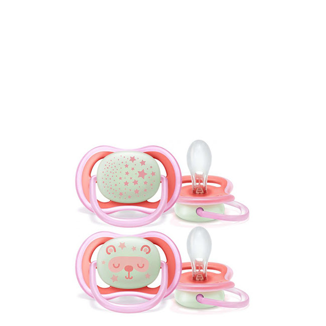 PhilipsAventPacifiersUltraAirNightTimeGirl6-18Mx2 Box of Philips Avent Pacifiers Ultra Air Night Time Girl 6-18M x2, a glow-in-the-dark pacifier for baby skin care.