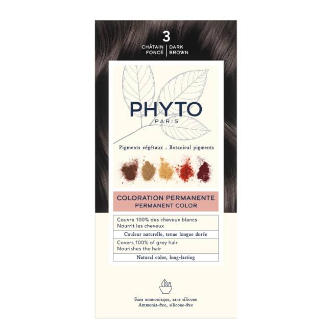 Phyto-Coloration_Pack_3 Box of Phytocolor Permanent Hair Color 3 Dark Brown by Phytocolor, a hair dye indicated for natural color and grey coverage.