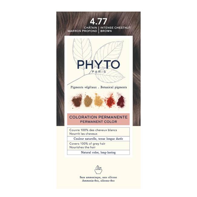 Phyto-Coloration_Pack_4.77 Box of Phytocolor Permanent Hair Color 4.77 Intense Chestnut Brown by Phytocolor, a hair dye indicated for natural color and shine.