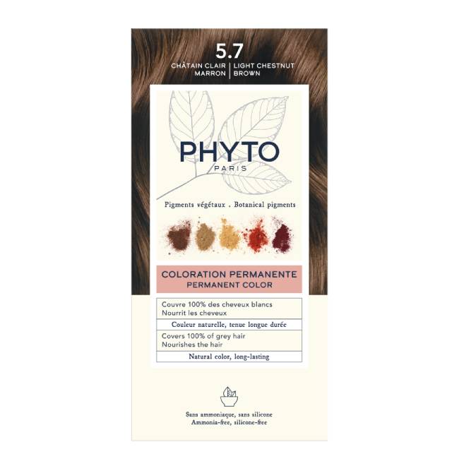 Phyto-Coloration_Pack_5.7 Box of Phytocolor Permanent Hair Color 5.7 Light Chestnut Brown by Phytocolor, a hair dye indicated for natural color and grey coverage.