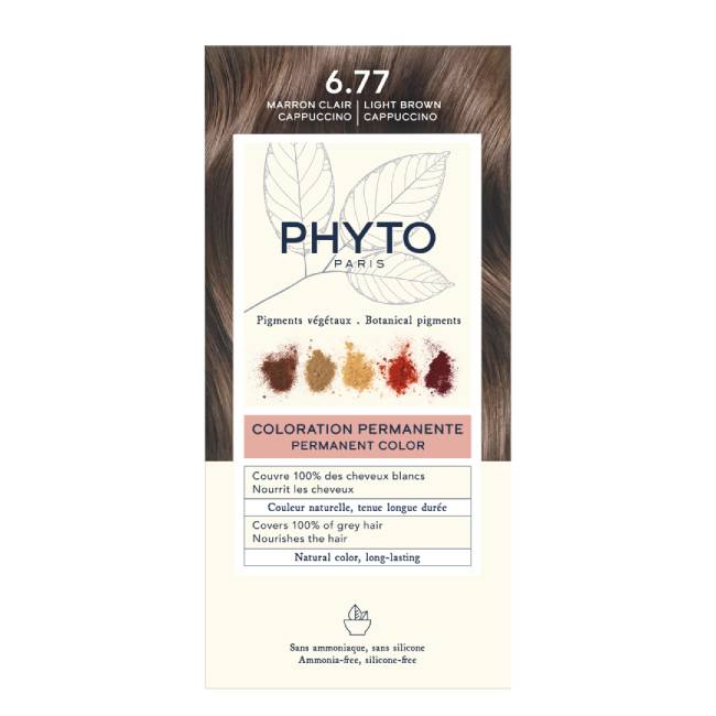 Phyto-Coloration_Pack_6.77 Box of Phytocolor Permanent Hair Color 6.77 Light Brown Cappuccino by Phytocolor, a hair dye indicated for natural color and shine.