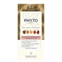 Box  of  Phytocolor  Permanent  Hair  Color  8.3  Golden  Light  Blonde  by  Phytocolor,  a  hair  dye  indicated  for  natural  color  and  grey  coverage.