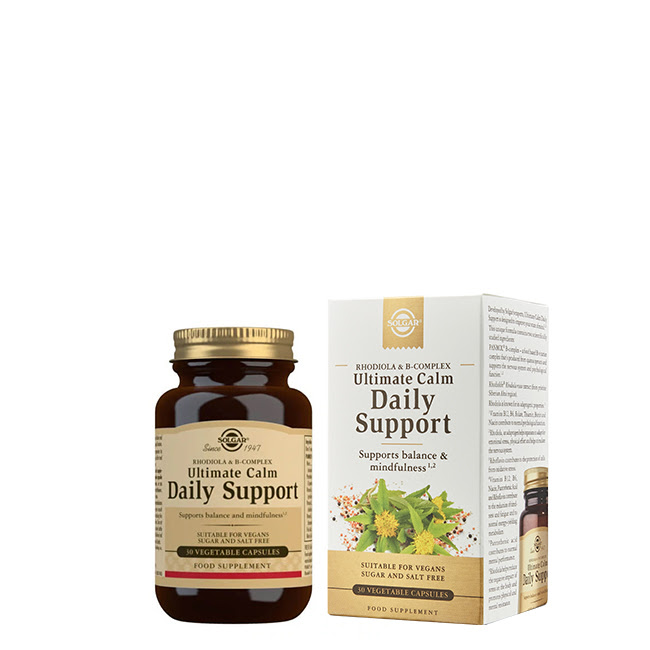 SolgarUltimateCalmDailySupportVegetableCapsulesx30 Box of Solgar Ultimate Calm Daily Support Vegetable Capsules by Solgar, a supplement indicated for acute stress and anxiety.