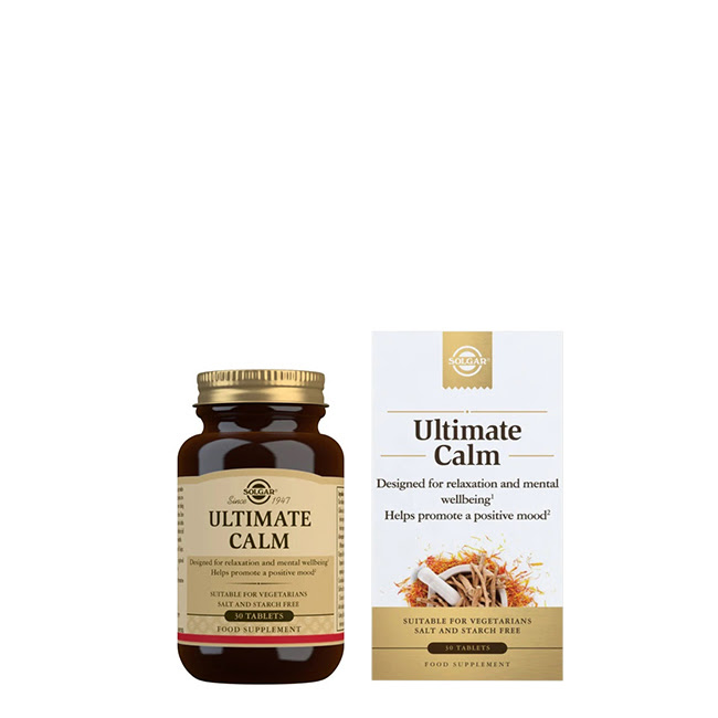 SolgarUltimateCalmTabletsx30 Box of Solgar Ultimate Calm Tablets by Solgar, a dietary supplement indicated for relaxation and emotional well-being.