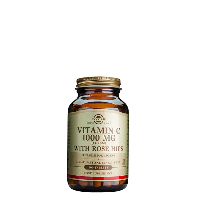 SolgarVitaminC1000mgRoseHipsTabletsx100 Box of Solgar Vitamin C 1000mg Rose Hips Tablets by Solgar, a dietary supplement indicated for immunity and antioxidant protection.