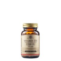Bottle  of  Solgar  Vitamin  D3  2200  IU  by  Solgar,  vegetable  capsules  indicated  for  immune  system  and  bone  health  support.