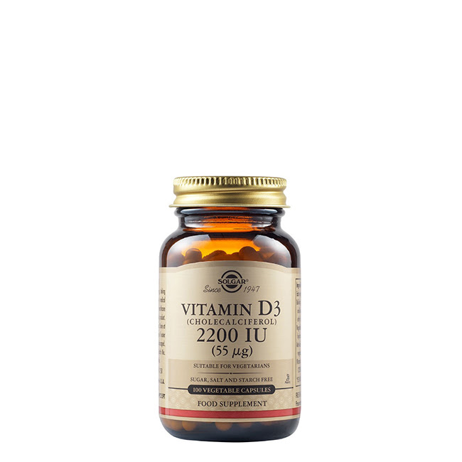 SolgarVitaminD32200IUVegetableCapsulesx100 Bottle of Solgar Vitamin D3 2200 IU by Solgar, vegetable capsules indicated for immune system and bone health support.