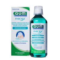 Bottle  of  GUM  Paroex  Daily  Prevention  Mouthwash  by  GUM,  a  mouthwash  indicated  for  sensitive  gums  and  plaque  reduction.