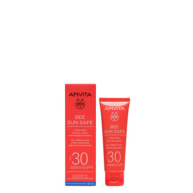 ApivitaBeeSunSafeHydraFreshCreamSPF3050ml Product container of Apivita Bee Sun Safe Hydra Fresh Cream SPF30 by Apivita, a gel-cream indicated for sun protection and hydration.