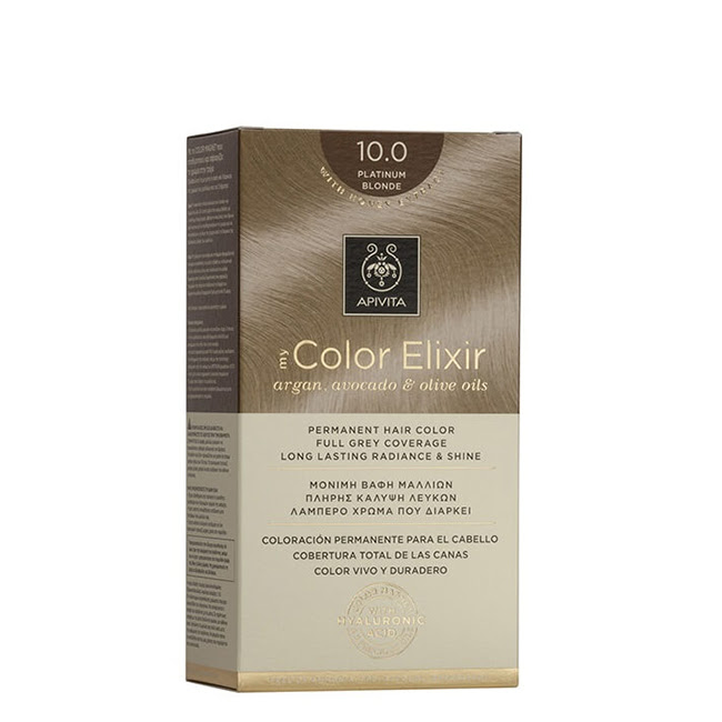 ApivitaMyColorElixirPermanentHairColor10.0PlatiniumBlonde Box of Apivita My Color Elixir Permanent Hair Color 10.0 Platinium Blonde by Apivita, a hair dye indicated for platinium blonde color.