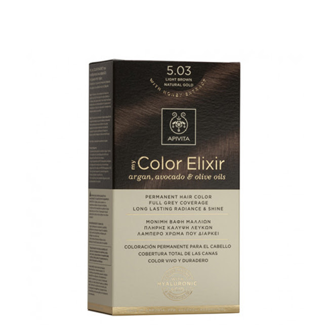 ApivitaMyColorElixirPermanentHairColor5.03LightBrownGold Box of Apivita My Color Elixir Permanent Hair Color 5.03 Light Brown Gold by Apivita, a hair dye indicated for light brown gold color.