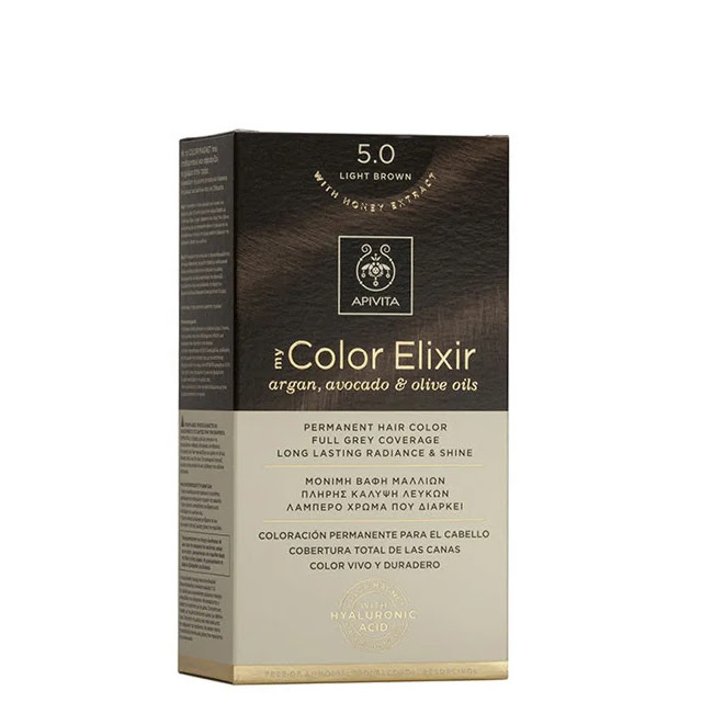 ApivitaMyColorElixirPermanentHairColor5.0LightBrown Box of Apivita My Color Elixir Permanent Hair Color 5.0 Light Brown by Apivita, a hair dye indicated for light brown hair coloring.