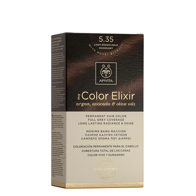 ApivitaMyColorElixirPermanentHairColor5.35LightBrownGoldManogany Box of Apivita My Color Elixir Permanent Hair Color 5.35 Light Brown Gold Manogany by Apivita, a hair dye indicated for gold mahogany color.