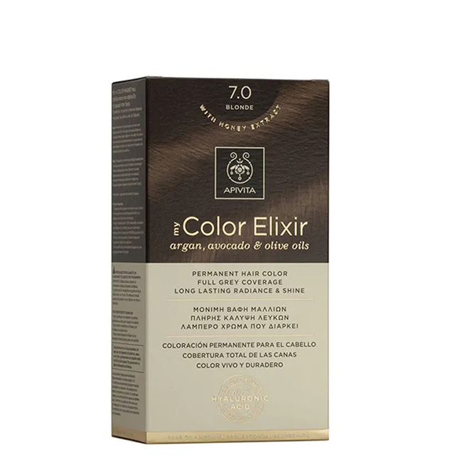 ApivitaMyColorElixirPermanentHairColor7.0Blonde Box of Apivita My Color Elixir Permanent Hair Color 7.0 Blonde, a creamy dye indicated for full grey coverage and natural color.