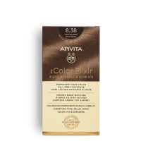 Box  of  Apivita  My  Color  Elixir  Permanent  Hair  Color  8.3  Light  Blonde  Gold  Pearl,  a  creamy  dye  indicated  for  natural  hair  color.