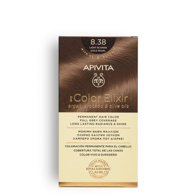 ApivitaMyColorElixirPermanentHairColor8.3LightBlondeGoldPearl Box of Apivita My Color Elixir Permanent Hair Color 8.3 Light Blonde Gold Pearl, a creamy dye indicated for natural hair color.