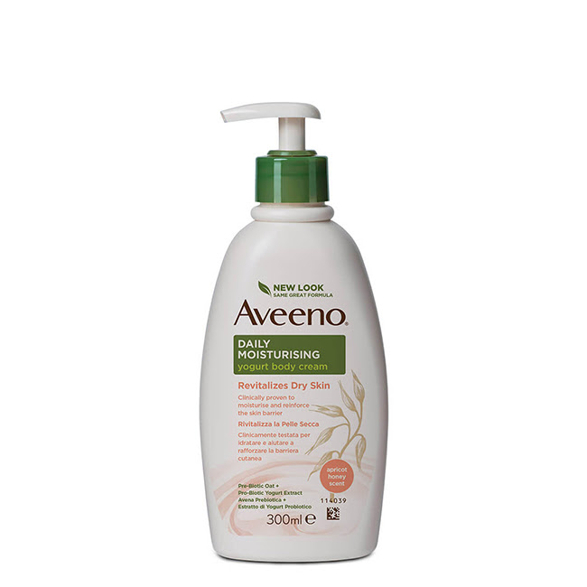 AveenoDailyMoisturizingYogurtBodyCreamApricotandHoney300ml Jar of Aveeno Daily Moisturizing Yogurt Body Cream Apricot and Honey by Aveeno, a cream indicated for dry sensitive skin.