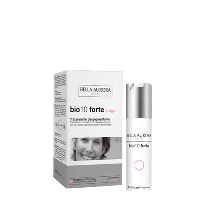 BellaAuroraBio10ForteL-tigoDepigmentingTreatment30ml Product container of Bella Aurora Bio10 Forte L-tigo, a silky treatment indicated for eliminating age and sun spots.