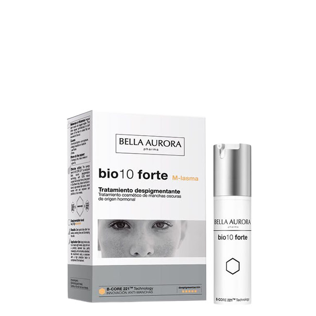 BellaAuroraBio10ForteM-lasmaIntensiveDepigmentingTreatment30ml Product container of Bella Aurora Bio10 Forte M-lasma, a silky treatment indicated for hormonal blemish depigmentation.