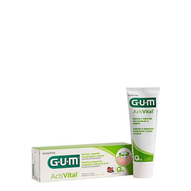 GUMActiVitalToothpasteQ1075ml Tube of GUM ActiVital Toothpaste Q10 by GUM, a toothpaste indicated for plaque prevention and enamel strengthening.