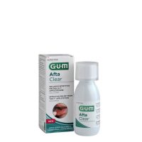 Bottle  of  GUM  Afta  Clear  Mouthwash  by  GUM,  a  mouthwash  indicated  for  relieving  pain  from  canker  sores  and  mouth  lesions.
