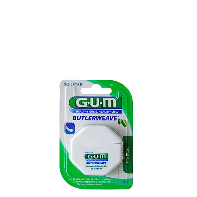 GUMButlerweaveMintWaxedDentalFloss55m Product container of GUM Butlerweave Mint Waxed Dental Floss 55m by GUM, a mint floss indicated for removing plaque.