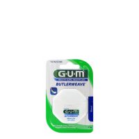 Product  container  of  GUM  Butlerweave  Waxed  Dental  Floss  55m  by  GUM,  a  waxed  floss  indicated  for  removing  plaque  and  hygiene.