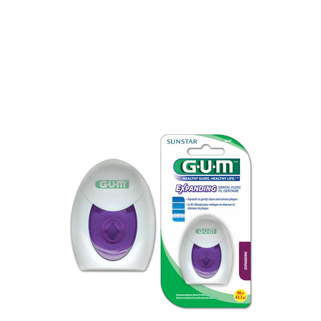 GUMExpandingFlossDentalFloss2030 Product container of GUM Expanding Floss Dental Floss 2030 by GUM, a dental floss indicated for people with sensitive gums.