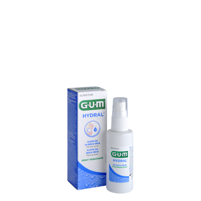 GUMHydralMoisturizingSpray50ml Spray of GUM Hydral Moisturizing Spray 50ml by GUM, a moisturizing mist indicated for the relief of dry mouth symptoms.