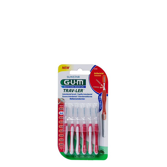 GUMInterdentalBrushTrav-Ler1314x6 Box of GUM Interdental Brush Trav-Ler 1314 by GUM, a brush indicated for cleaning interdental spaces and removing plaque.