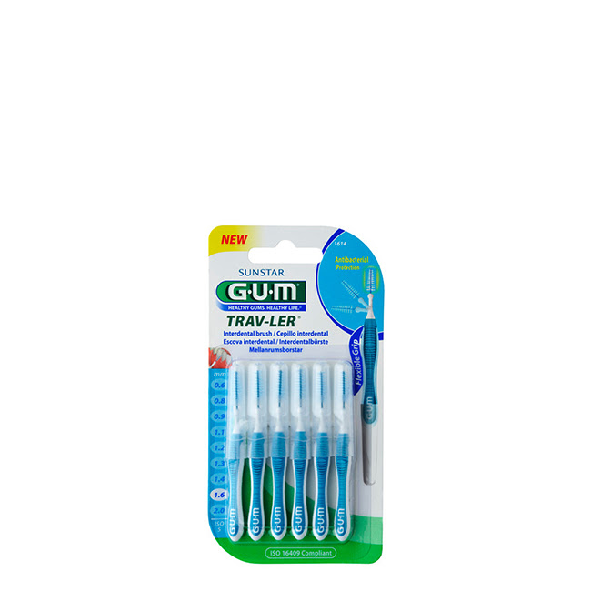 GUMInterdentalBrushTrav-Ler1614x6 Box of GUM Interdental Brush Trav-Ler 1614 by GUM, a brush indicated for cleaning interdental spaces and removing plaque.