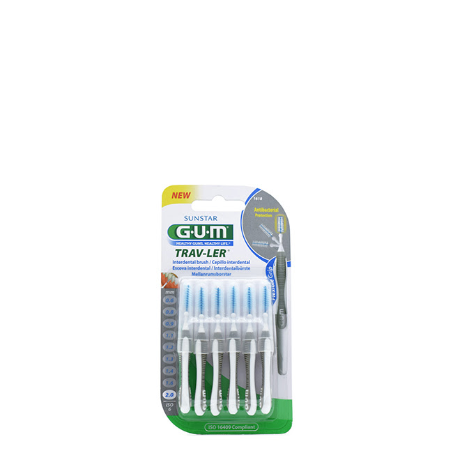 GUMInterdentalBrushTrav-Ler1618x6 Box of GUM Interdental Brush Trav-Ler 1618 by GUM, a flexible brush indicated for cleaning hard-to-reach areas.