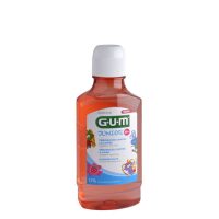 Bottle  of  GUM  Junior  Mouthwash  Strawberry  300ml  by  GUM,  a  mouthwash  indicated  for  children  to  prevent  plaque  and  cavities.